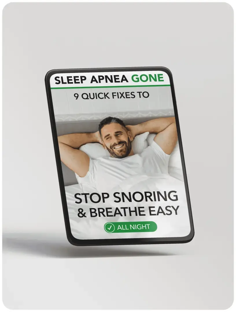 Bonus guide titled "Sleep Apnea Gone: 9 Quick Fixes to Stop Snoring and Breathe Easy" featuring a smiling man lying comfortably in bed