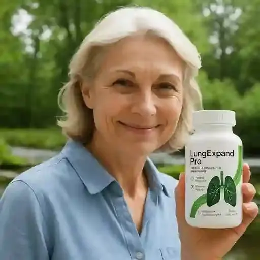 Happy elderly woman giving a positive LungExpand Pro review while holding the supplement bottle outdoors