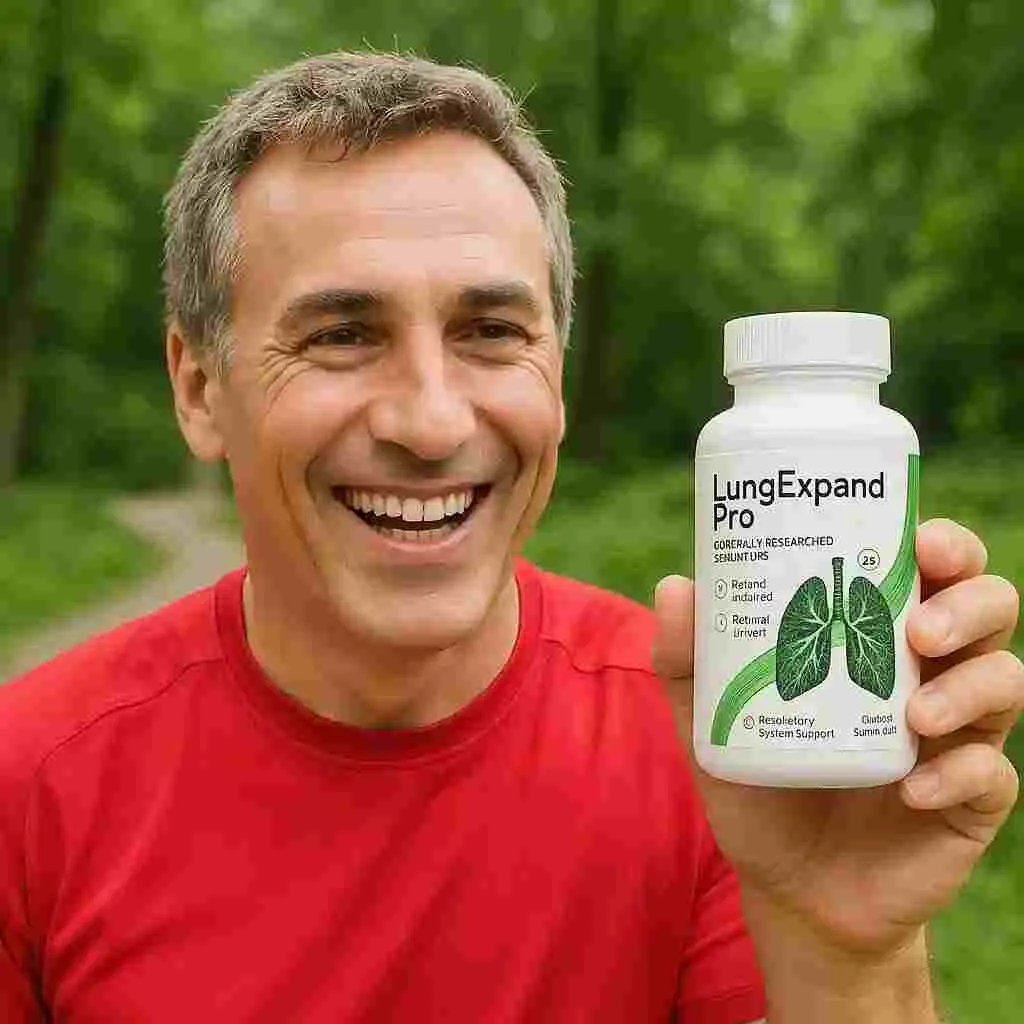 Happy man sharing his positive review of LungExpand Pro supplement outdoors