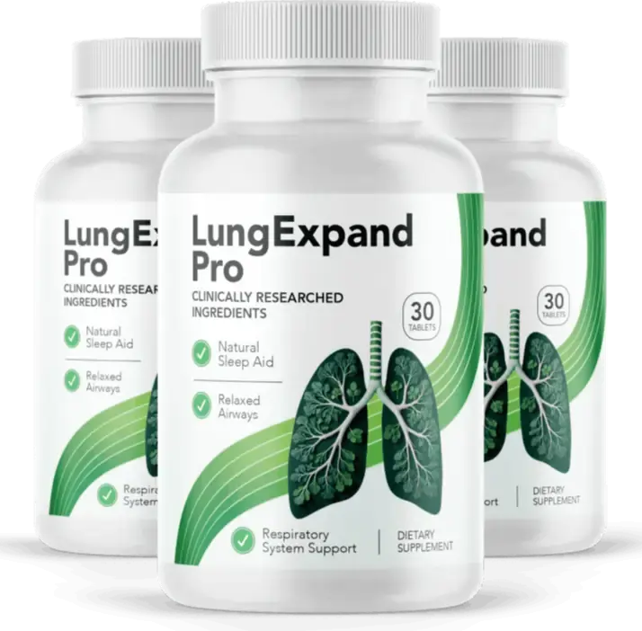 Three bottles of LungExpand Pro dietary supplement for natural respiratory support and relaxed airways