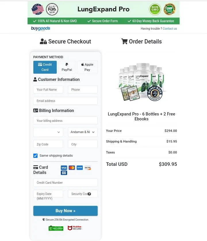Secure Checkout Page for LungExpand Pro 6 Bottles Offer with 60-Day Money Back Guarantee and Free Ebooks