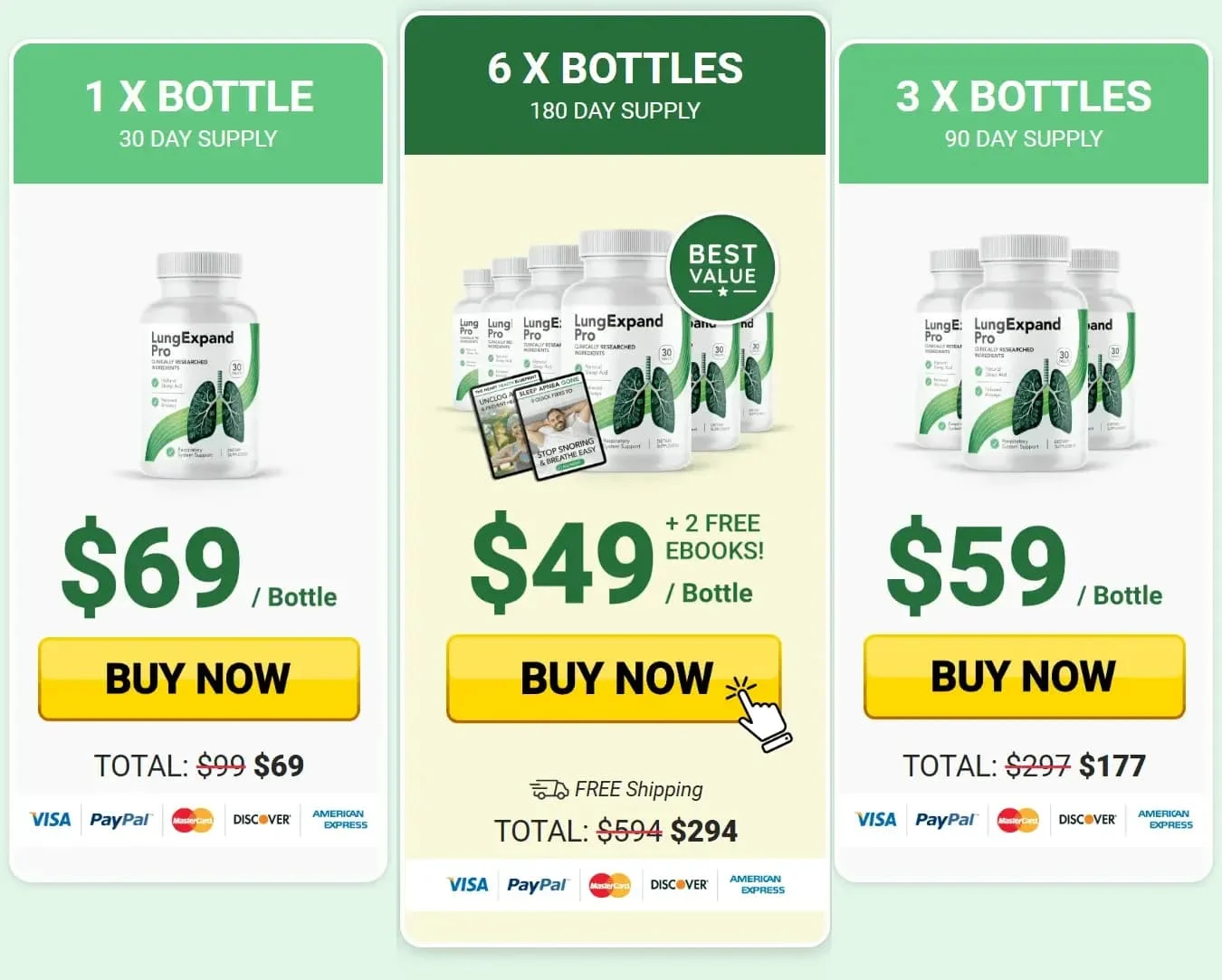 LungExpand Pro supplement pricing chart showing options for 1, 3, or 6 bottles with discounted prices and free shipping