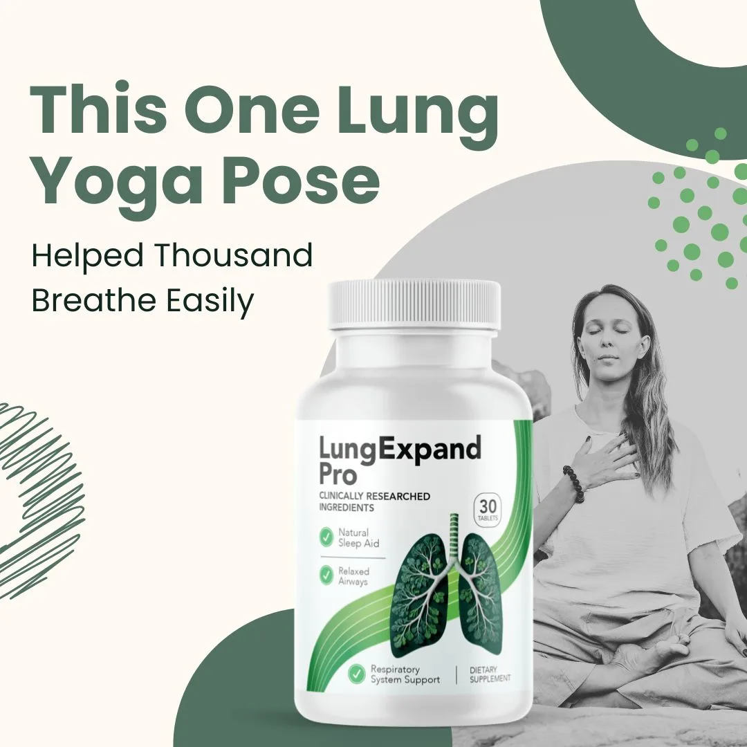 LungExpand Pro supplement bottle with a woman practicing yoga, promoting respiratory health and easier breathing in 2025
